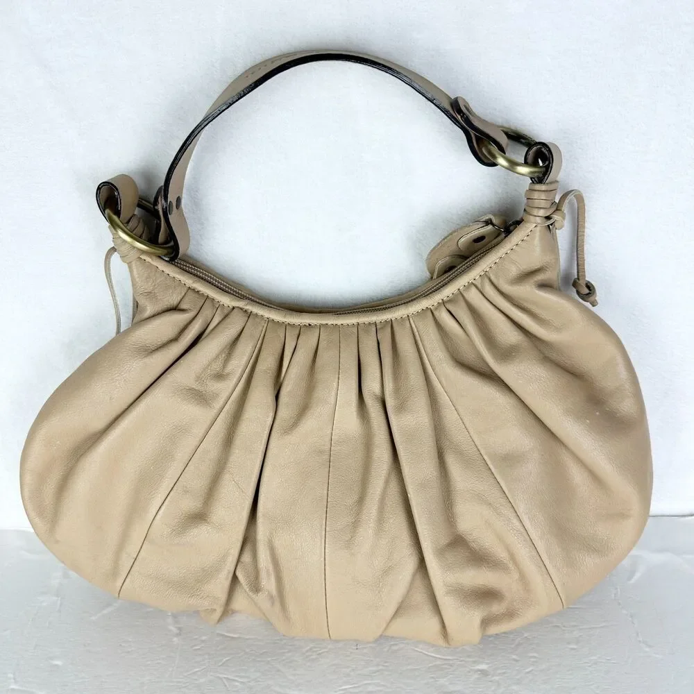 Nannini Leather Pleated Crescent Hobo Shoulder Handbag Tan/Beige